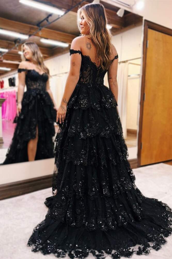 Plus Size Tiered Black Prom Dress Ruffles Off the Shoulder Sequin Lace - MyChicDress