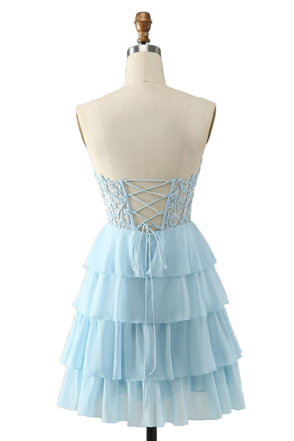 blue  Lace Short hoco Dress Sweetheart Ruffles Chiffon Mychicdress