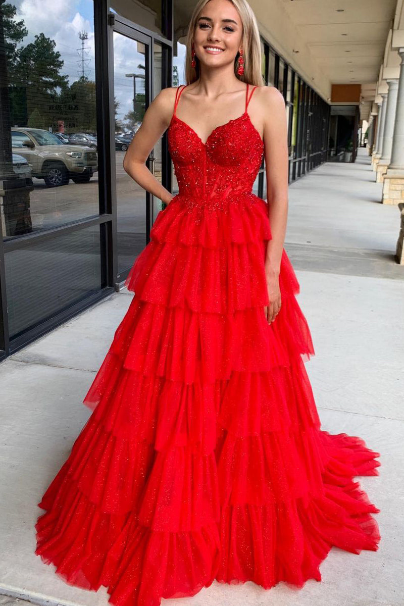 Tiered Red Prom Dress A Line Tulle Sweetheart with Appliques mychicdress