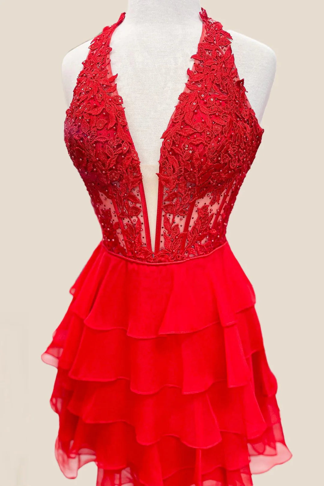  Tiered Ruffle Short red Homecoming Dress Lace