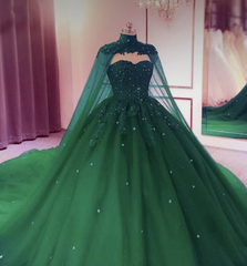 Tulle Ball Gown Emerald Green Quinceanera Dresses Crystals With Cape Free MyChicDress