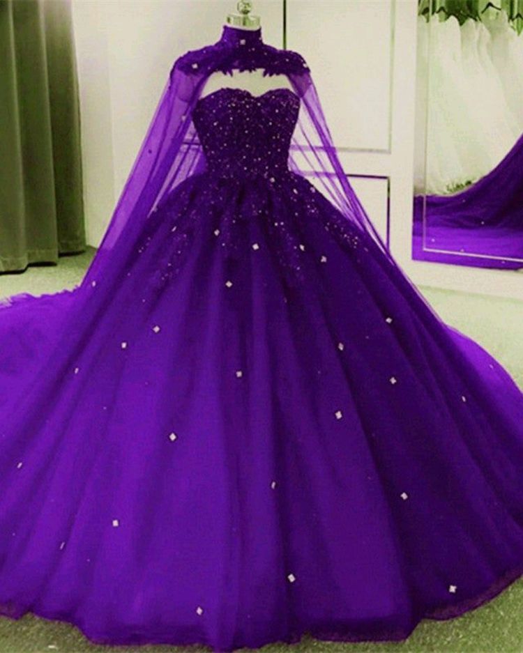 Tulle Dark Purple Quince Dress Ball Gown Wedding Dress With Cape MyChicDress