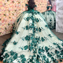 Tulle Appliques Off Shoulder Quince Dress Emerald Green 3D Flowers Beaded