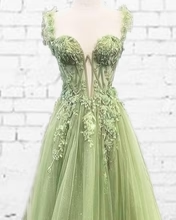 Tulle Sage Green A-line Prom Dresses Lace Appliques - MyChicDress