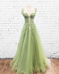 Tulle Sage Green A-line Prom Dresses Lace Appliques - MyChicDress