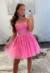 UK Short Pink Prom Dress 2024 Strapless Lace Homecoming Dress MyChicDress