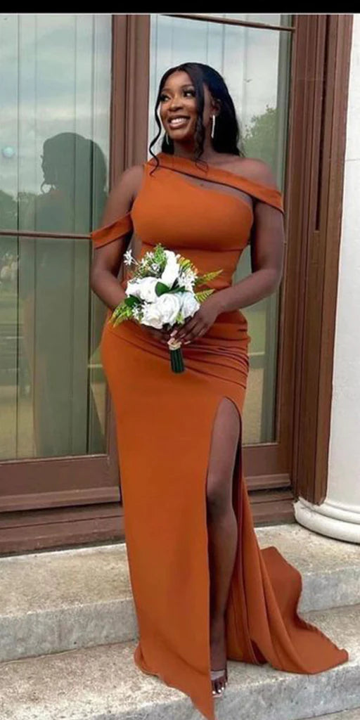 Unique Orange Mermaid Wedding Guest Dress Fall Long Beach Formal Bridesmaid Dresses MyChicDress