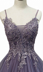 V Neck Semi Formal Dresses Purple Tiered Lace A-line Prom Dress - MyChicDress