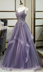 V Neck Semi Formal Dresses Purple Tiered Lace A-line Prom Dress - MyChicDress