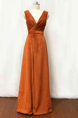 Velvet Burnt Orange Formal Dress V-Neck Bridesmaid Dress Pleated with Belt MyChicDress