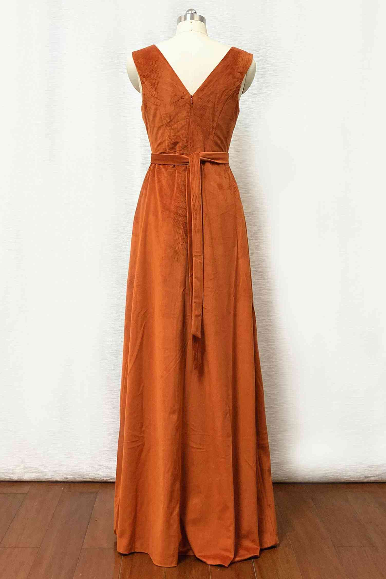 Velvet Burnt Orange Formal Dress V-Neck Bridesmaid Dress Pleated with Belt MyChicDress