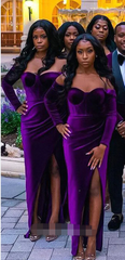 Velvet Purple Bridesmaid Dresses Long Sleeves Mermaid Formal Wedding Guest Dress MyChicDress