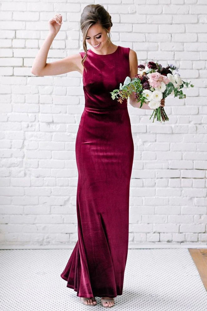 Winter Burgundy Sleeveless Velvet Formal Wedding Guest Dresses Long