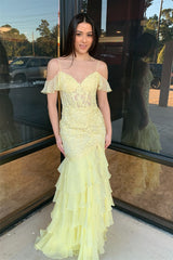 Yellow Prom Dresses Ruffles Lace Appliques Long Dress Cold Shoulder