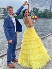 Yellow Tiered Lace Prom Dress Sweeheart A Line Tulle Formal Gown