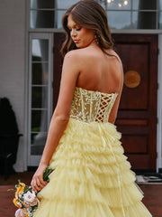 Yellow Tiered Lace Prom Dress Sweeheart A Line Tulle Formal Gown