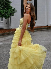 Yellow Tiered Lace Prom Dress Sweeheart A Line Tulle Formal Gown