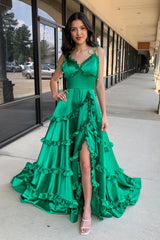 A Line Green Prom Dress Ruffles Spaghetti Straps with Slit