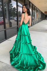 A Line Green Prom Dress Ruffles Spaghetti Straps with Slit