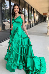 A Line Green Prom Dress Ruffles Spaghetti Straps with Slit