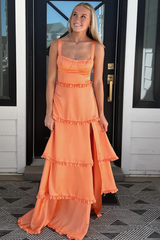 A-Line Orange Prom Dress Tiered Ruffles Straps Satin Sleeveless