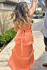 A-Line 2025 Orange Prom Dress Tiered Ruffles Straps Satin Sleeveless