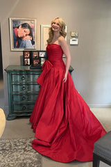 A Line Strapless red Prom Dress 2025 Ruched with Bowknot