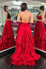 A Line Tiered Red Prom Dress Ruffles with Slit Lace-Up