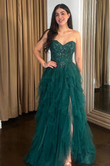 A Line Tiered Ruffles Prom Dress Dark Green Appliques Corset Tulle with Slit