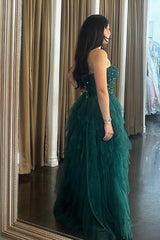 A Line Tiered Ruffles Prom Dress Dark Green Appliques Corset Tulle with Slit