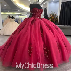 Beading Sweetheart Red Quinceanera Dresses Applique Lace Party Ball Mychicdress