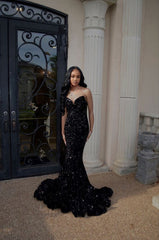 Long Sequin Prom Dress Dark Green Mermaid Formal Dresses Black Women