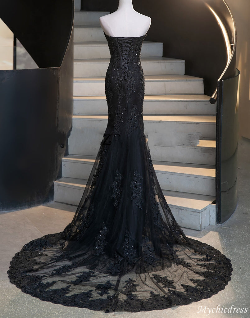 Long Lace Fitted Mermaid Black Wedding Dresses Corset with Cape ...