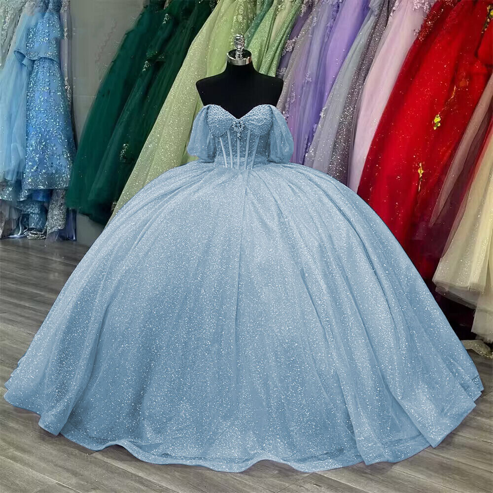 blue Quinceanera Dresses Beaded Off Shoulder Ball Gown Girls Birthday Gift