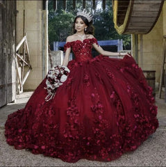 Burgundy Quince Dress Flowers Ball Gown Sweetheart Off the Shoulder