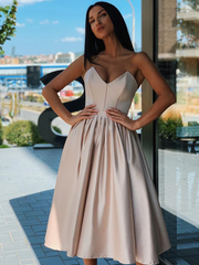 Strapless Tea Length Pink Wedding Guest Dress Satin A Line Prom Dresses with Pockets