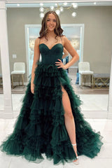 Corset Ruffles Dark Green Prom Dress Tiered Tulle A Line with Slit