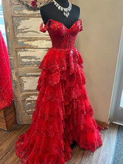 Custom Made Red Senior Prom Dresses Layered Off Shoulder Long Formal Wear