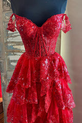 Custom Made Red Senior Prom Dresses Layered Off Shoulder Long Formal Wear