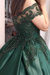 Emerald Green Wedding Dress Off Shoulder Beaded Quince Dress Appliques