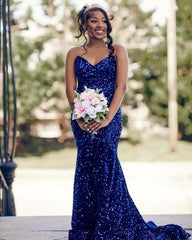 Glitter V Neck Evening Dress Royal Blue Mermaid Wedding Guest Gown