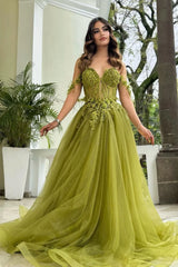 Green Off The Shoulder Prom Dress Corset Tulle Appliqued with Slit