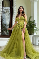 Green Off The Shoulder Prom Dress Corset Tulle Appliqued with Slit