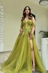 Green Off The Shoulder Prom Dress Corset Tulle Appliqued with Slit