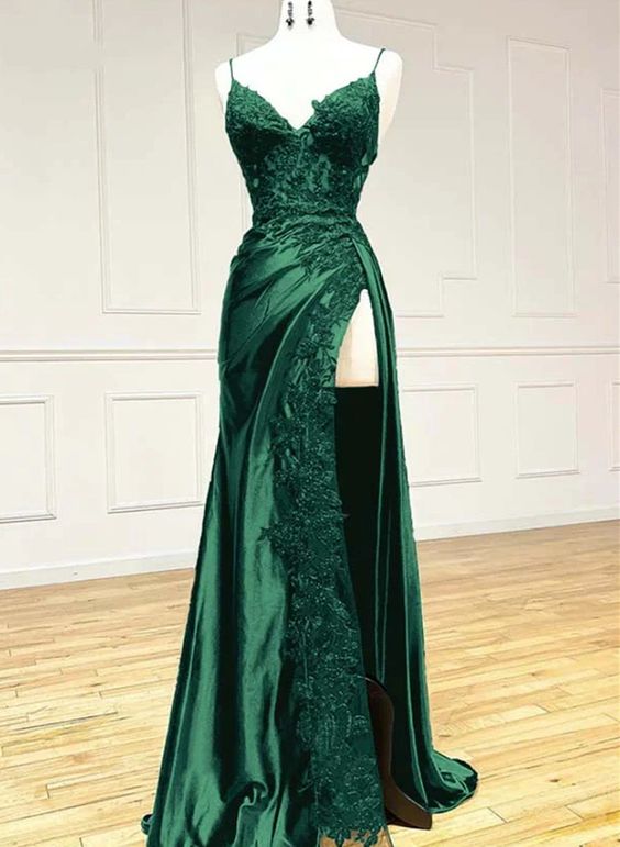 Hot green Long Prom Dress Lace V Neck Formal Dresses A Line High split