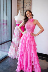 Halter Corset Hot Pink Prom Dresses Appliques Tiered Tulle with Beaded