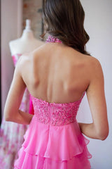 Halter Corset Hot Pink Prom Dresses Appliques Tiered Tulle with Beaded