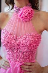 Halter Corset Hot Pink Prom Dresses Appliques Tiered Tulle with Beaded