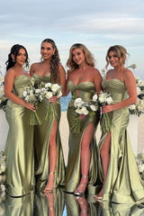 Hot Long Sage Green Bridesmaid Dress Satin Mermaid Sweetheart with Slit