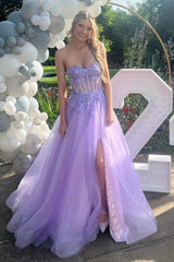 Lace Lilac Prom Dress Corset A Line Appliques Tulle